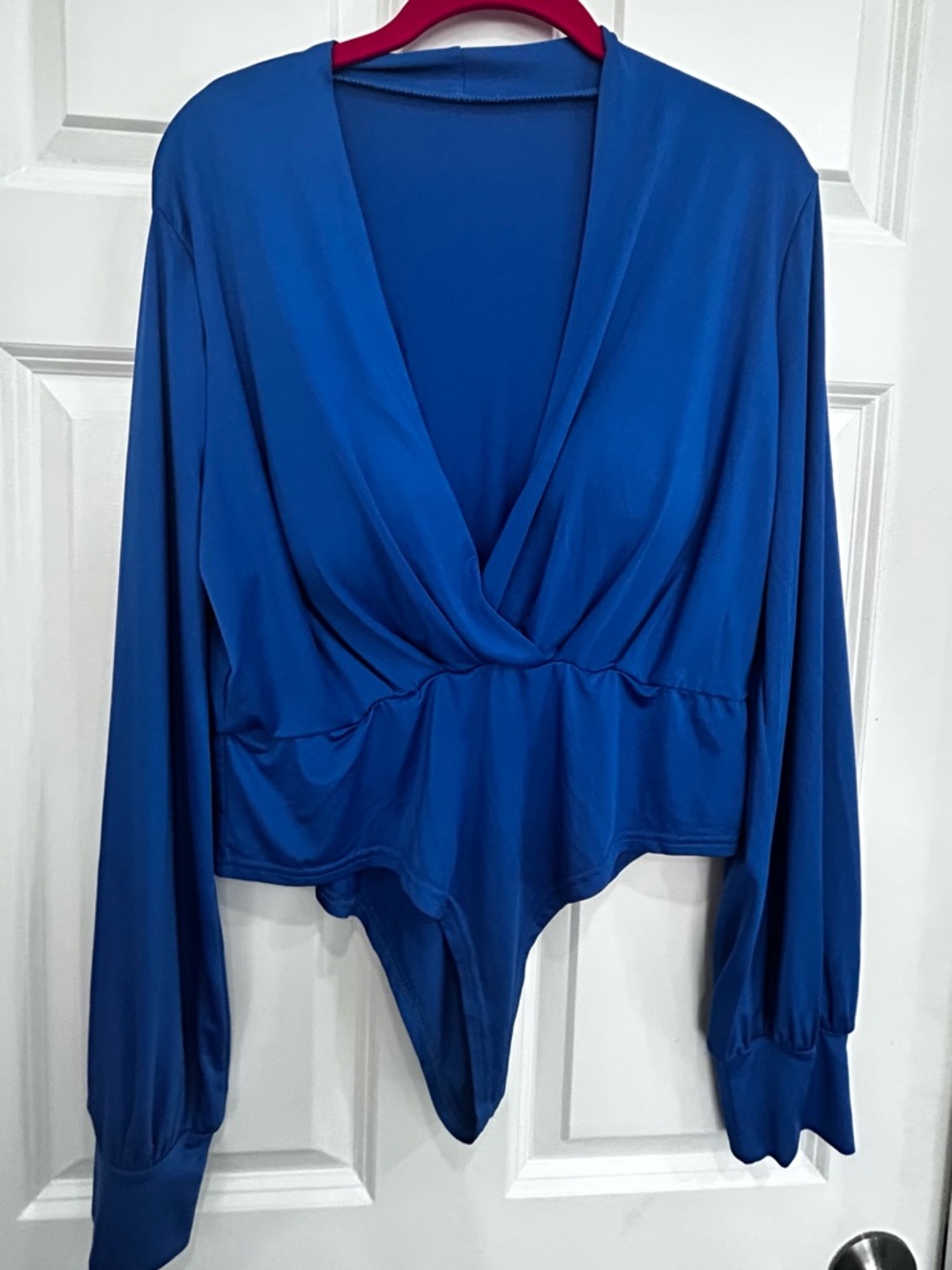 Deep Blue Draped Long-Sleeve Bodysuit - Picture 1 of 4